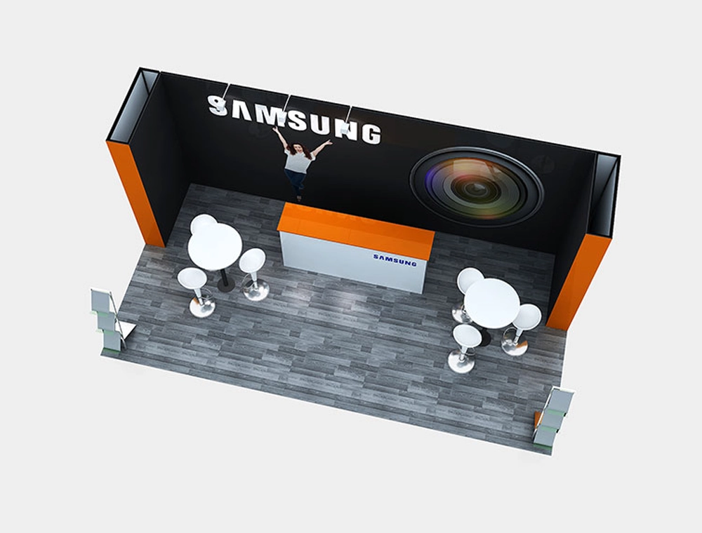 Custom trade show booth with seating and signage