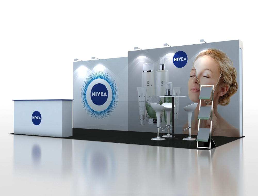 Modern 10x20 trade show booth with display counters