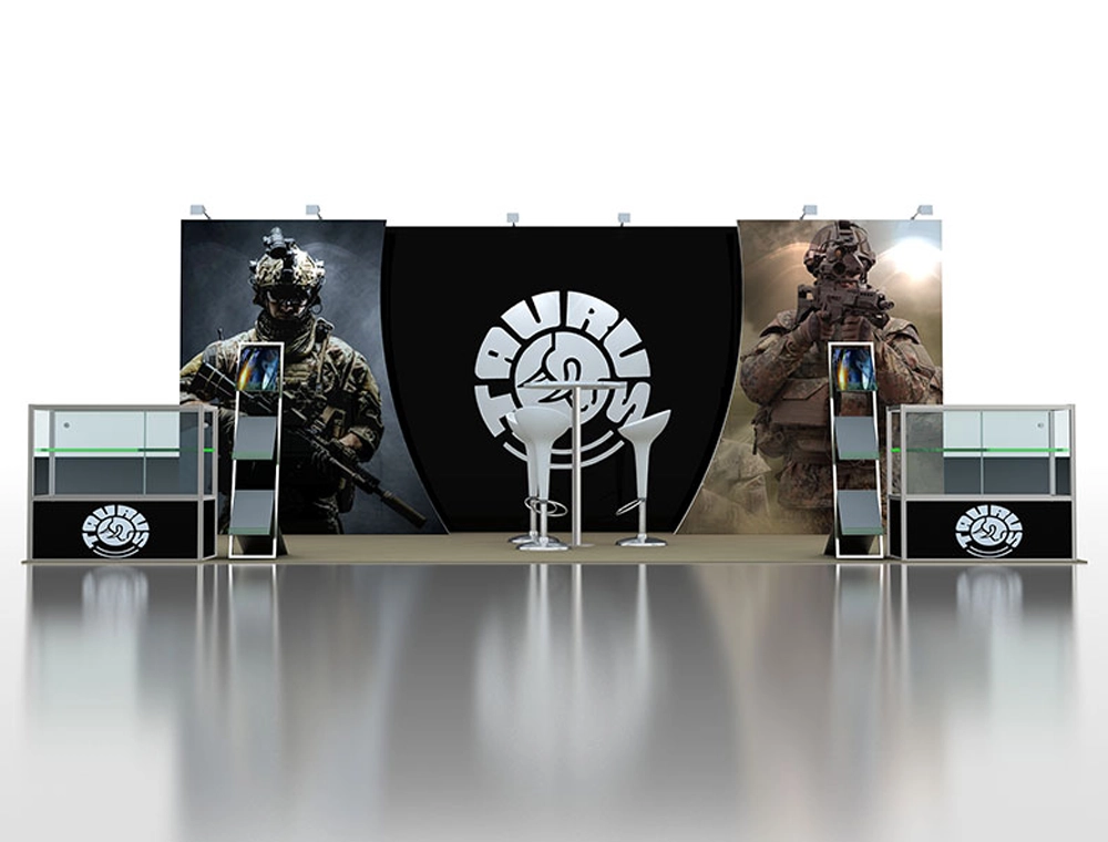 Branded trade show booth with illuminated signage