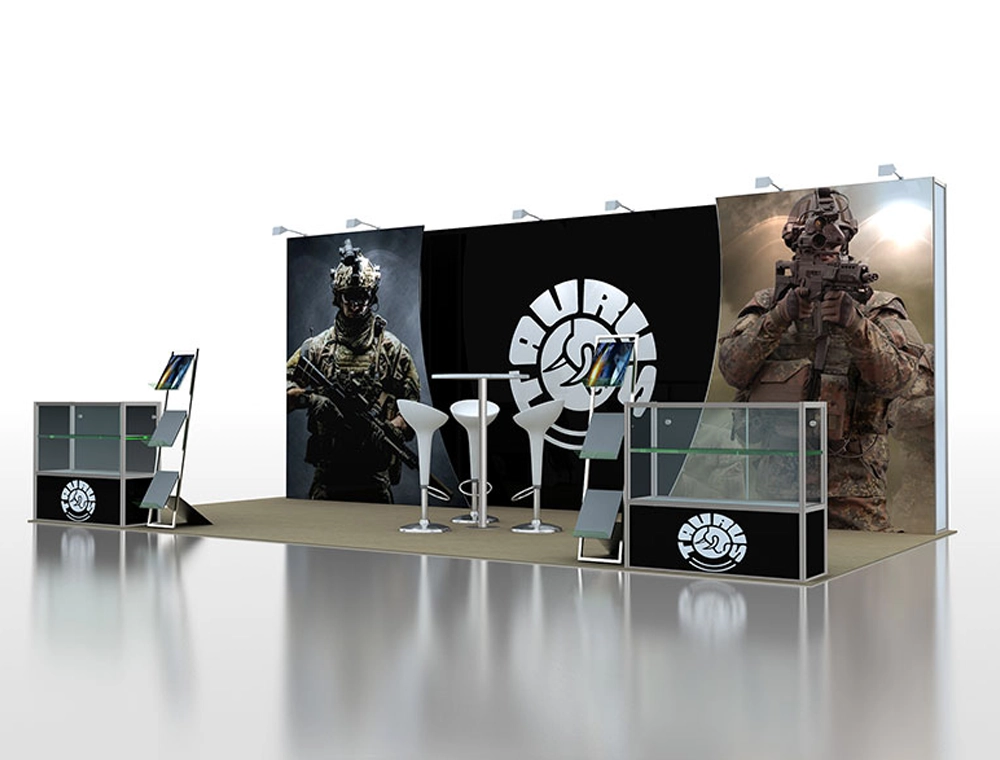 Branded trade show booth with illuminated signage