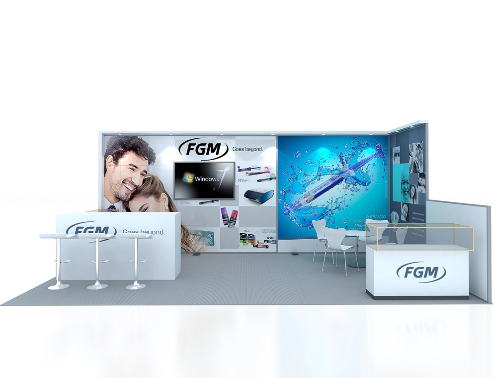 Open exhibition booth with product counters