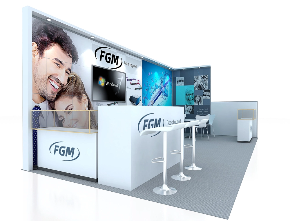 Open exhibition booth with product counters