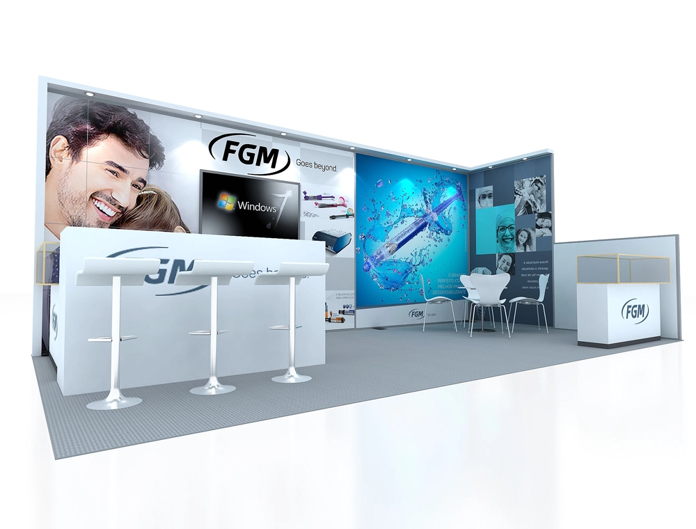 Open exhibition booth with product counters