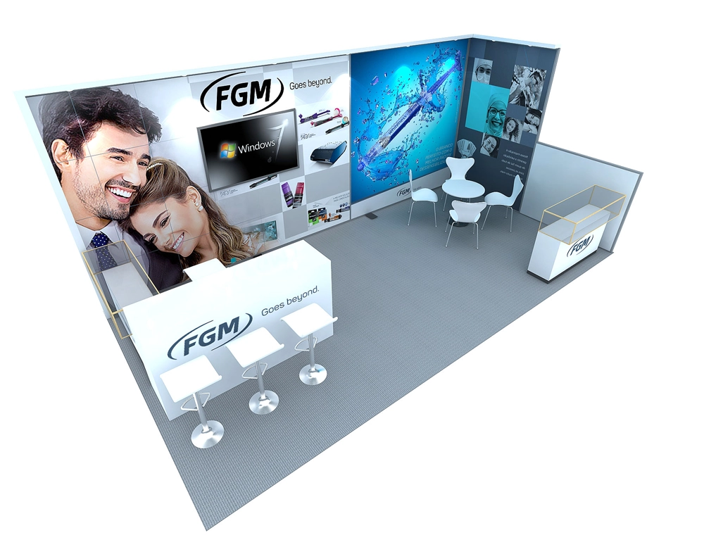 Open exhibition booth with product counters