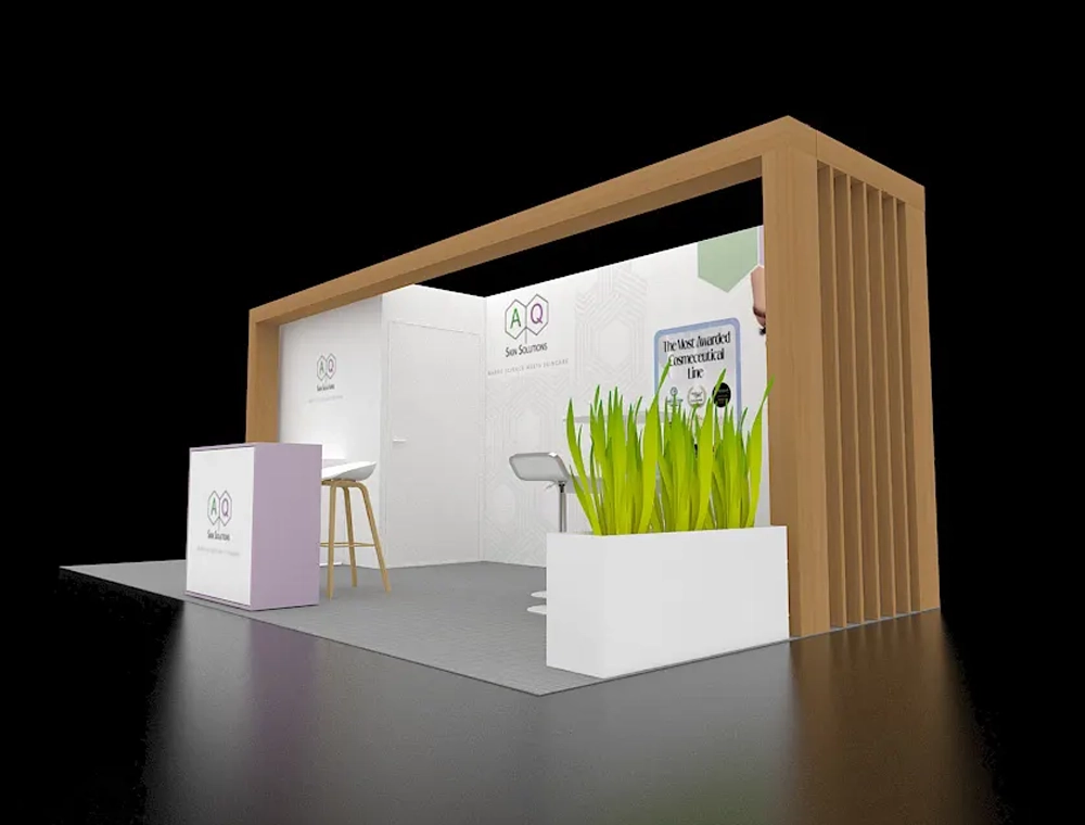 Booth with graphics, counters, and seating