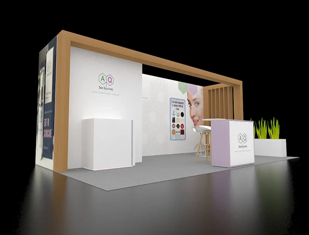 Booth with graphics, counters, and seating