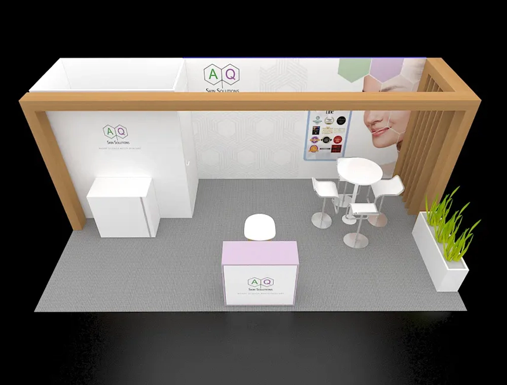 Booth with graphics, counters, and seating