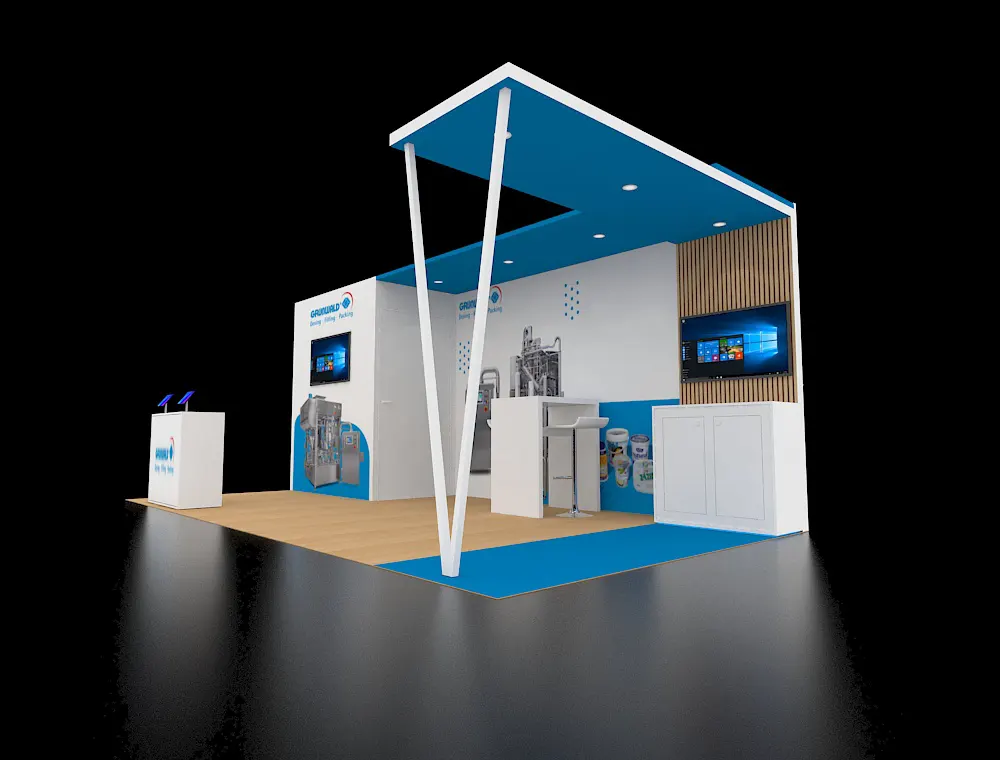 Sleek exhibition booth with marketing panels