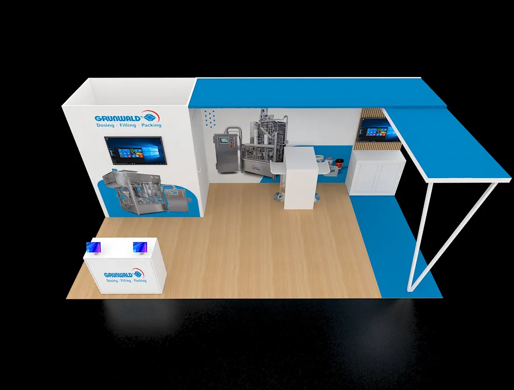 Sleek exhibition booth with marketing panels