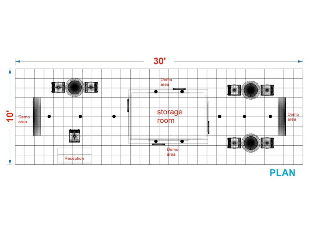 Exhibit booth 10x30 with open counters