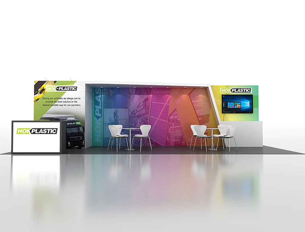 10x30 exhibit with open aisle and product wall