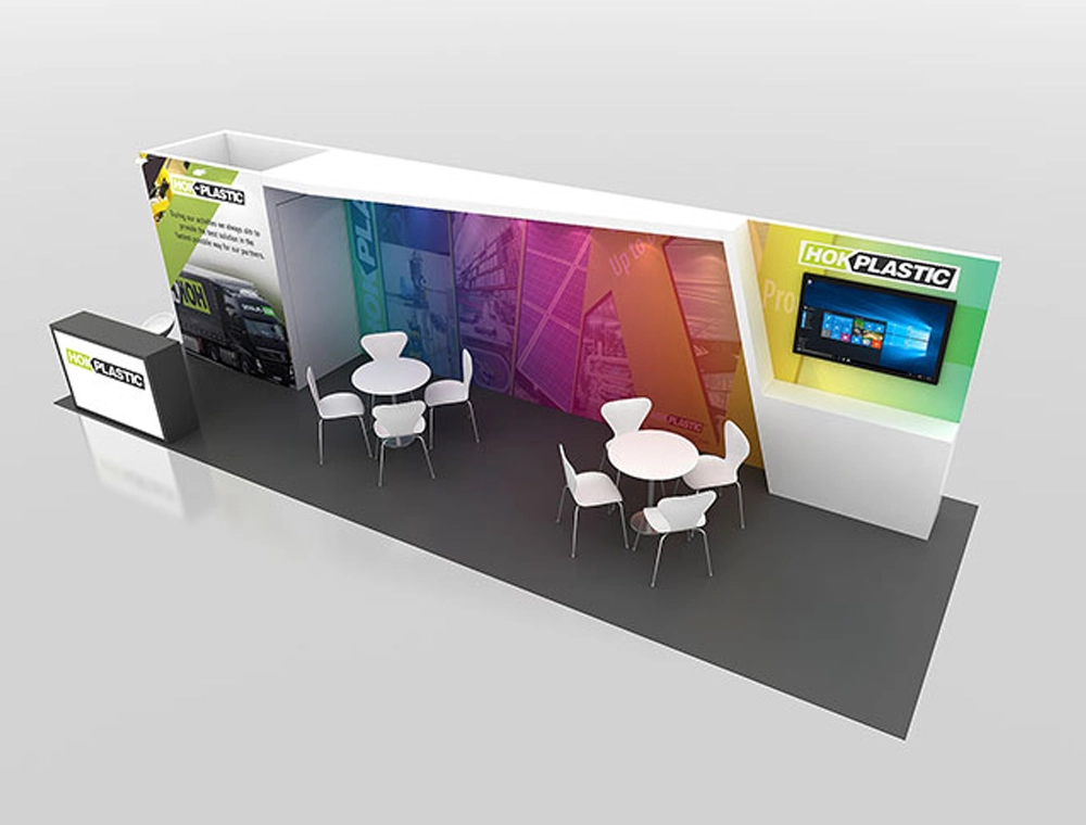 10x30 exhibit with open aisle and product wall