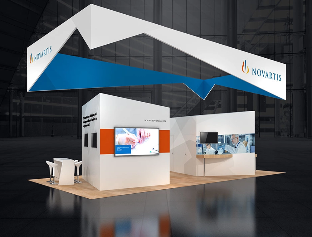 Trade show 20x30 booth with corner demo stations
