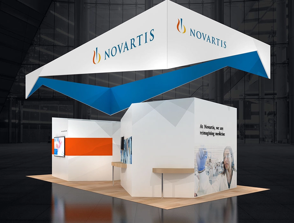 Trade show 20x30 booth with corner demo stations