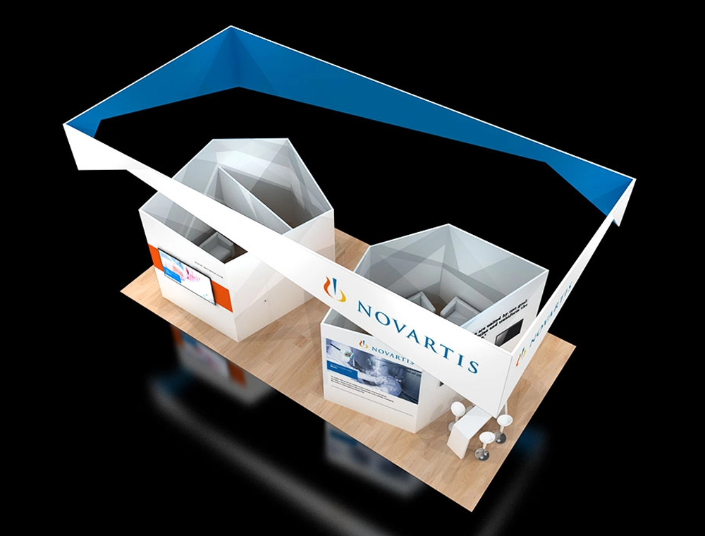 Trade show 20x30 booth with corner demo stations