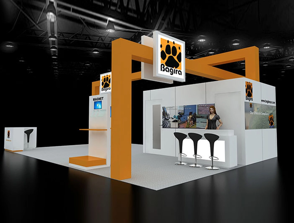 Exhibit booth 20x30 with hanging header signage