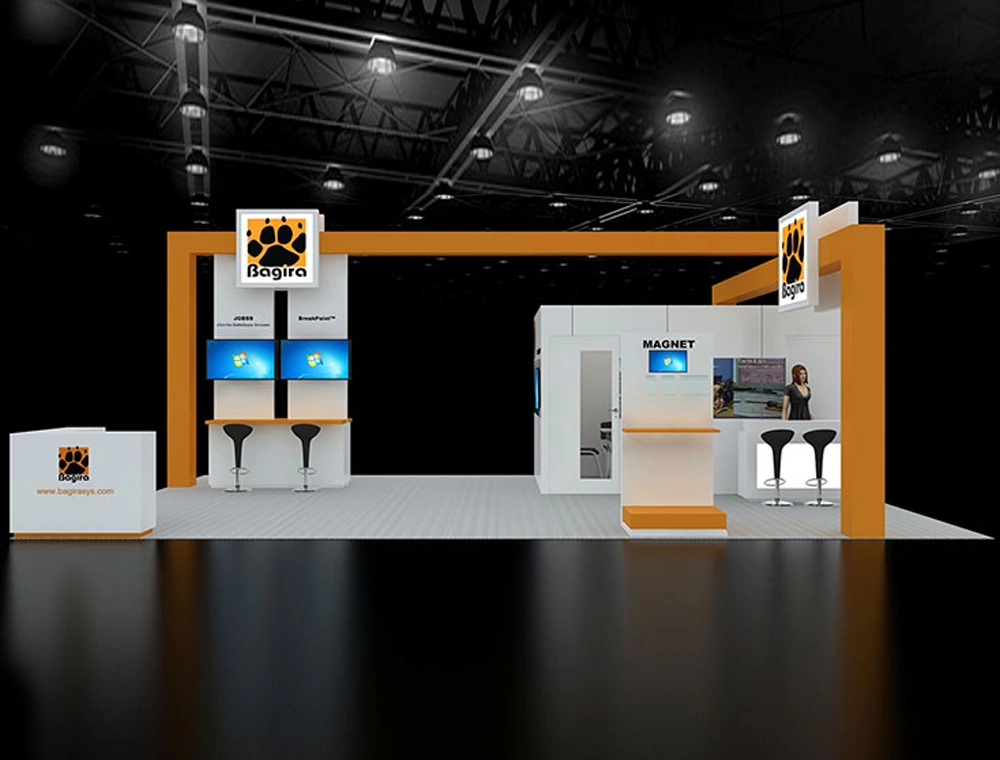 Exhibit booth 20x30 with hanging header signage