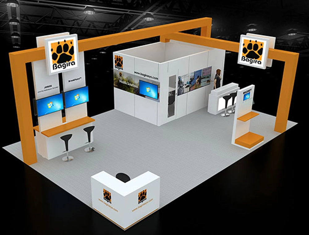 Exhibit booth 20x30 with hanging header signage