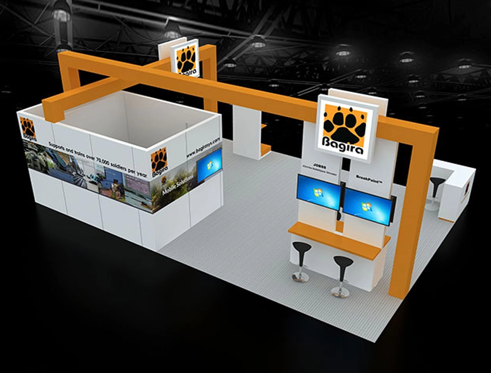 Exhibit booth 20x30 with hanging header signage