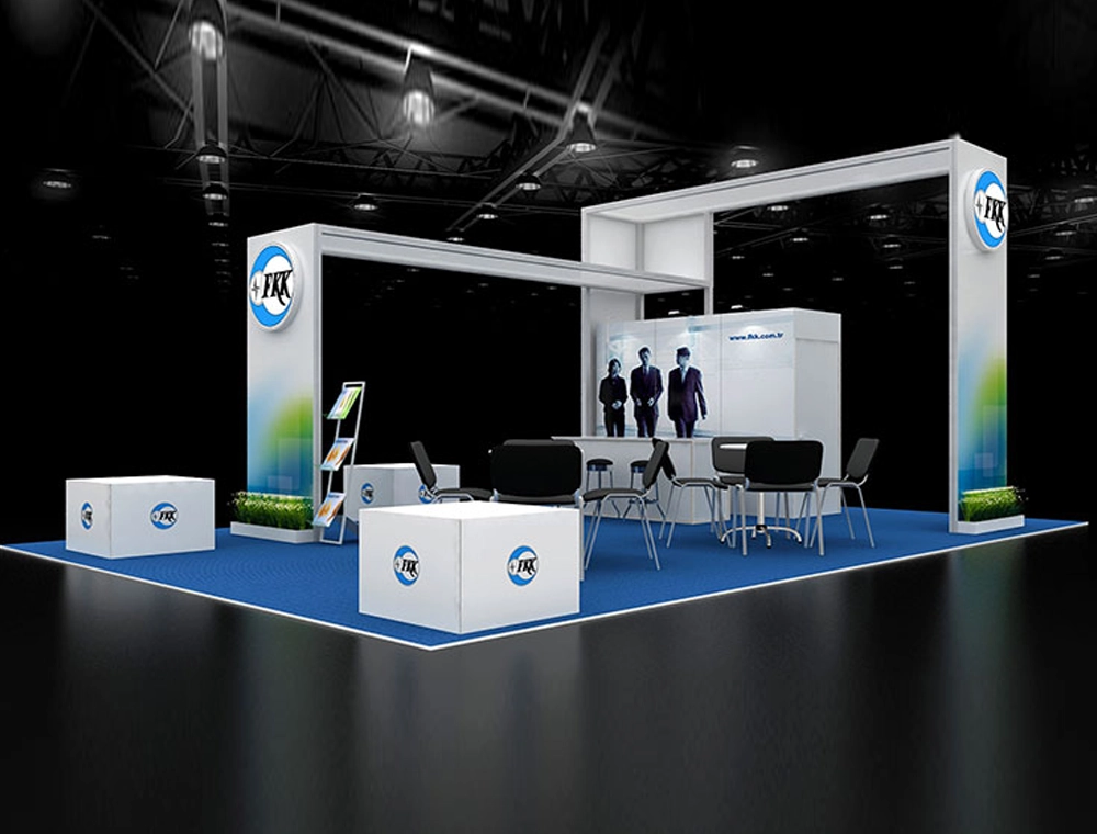 20x30 booth with reception counter and shelves