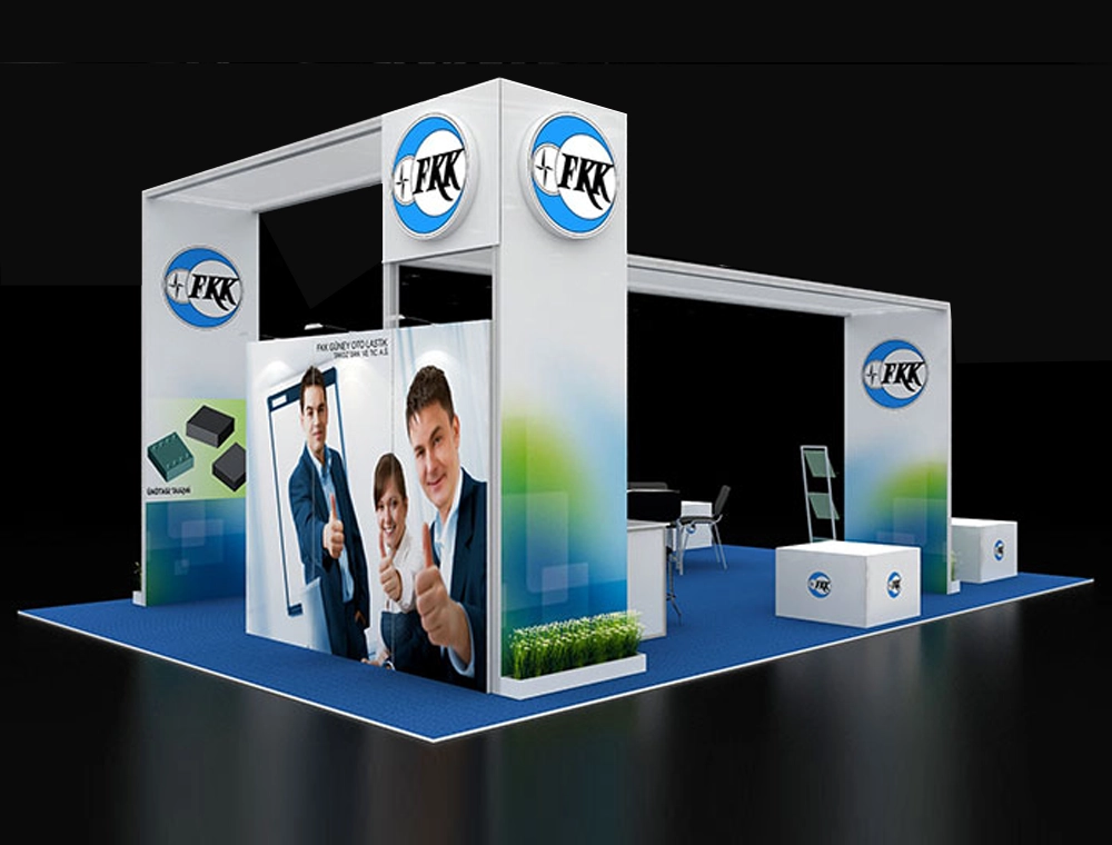 20x30 booth with reception counter and shelves