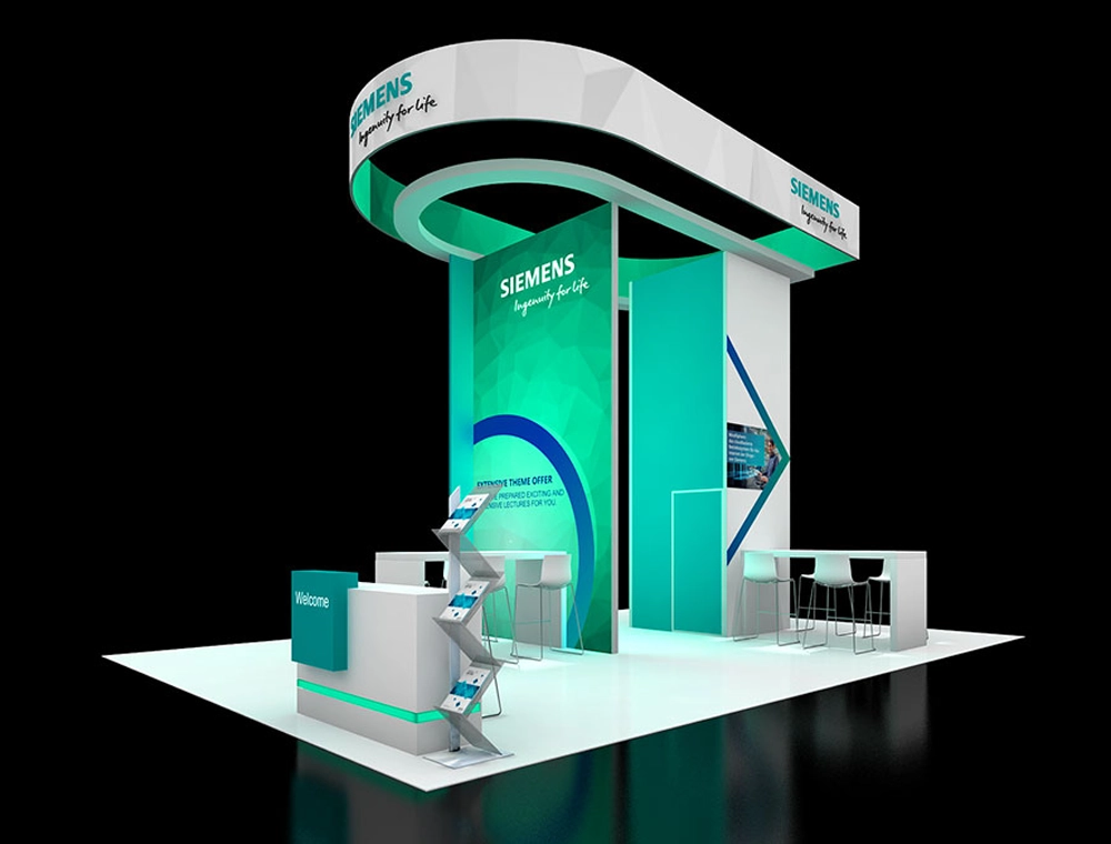 20x30 booth with central demo area and counters