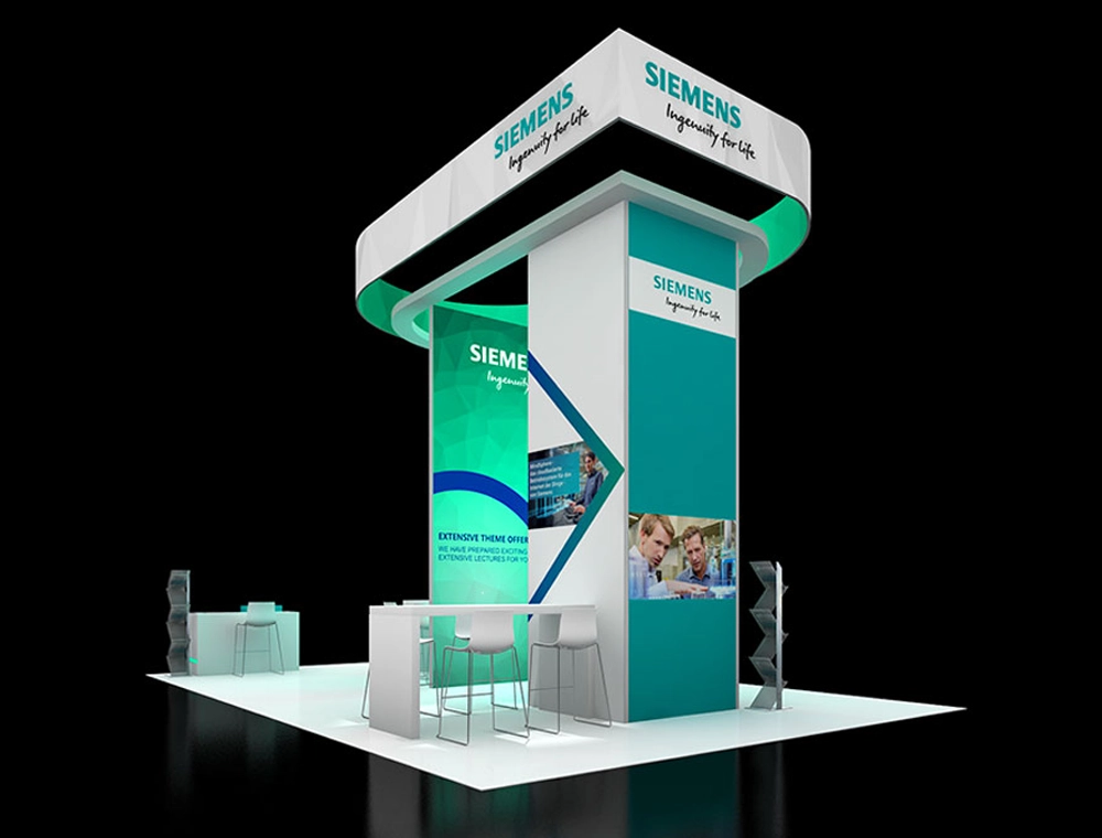 20x30 booth with central demo area and counters