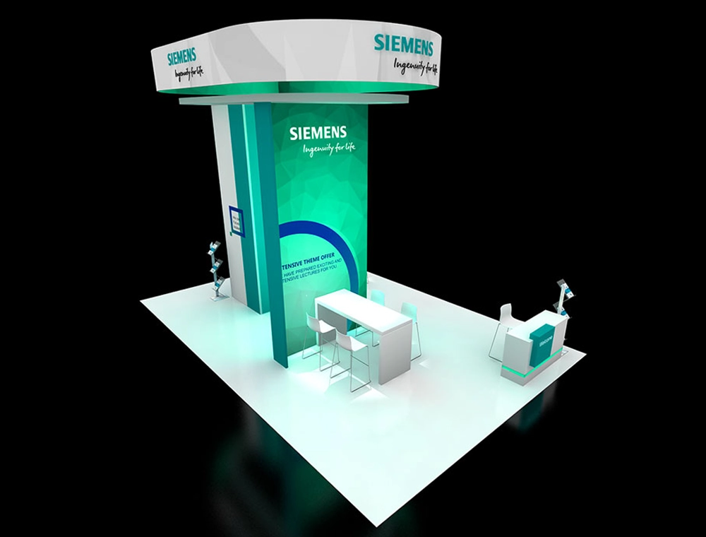 20x30 booth with central demo area and counters