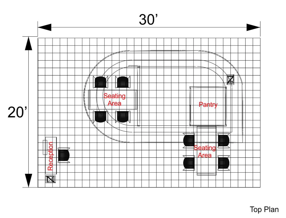 20x30 booth with central demo area and counters