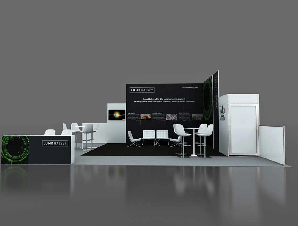 20x30 display booth with side shelving units