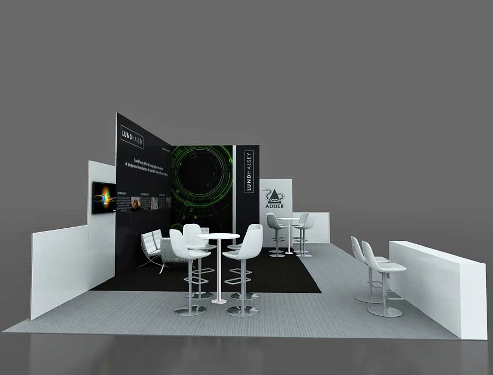 20x30 display booth with side shelving units