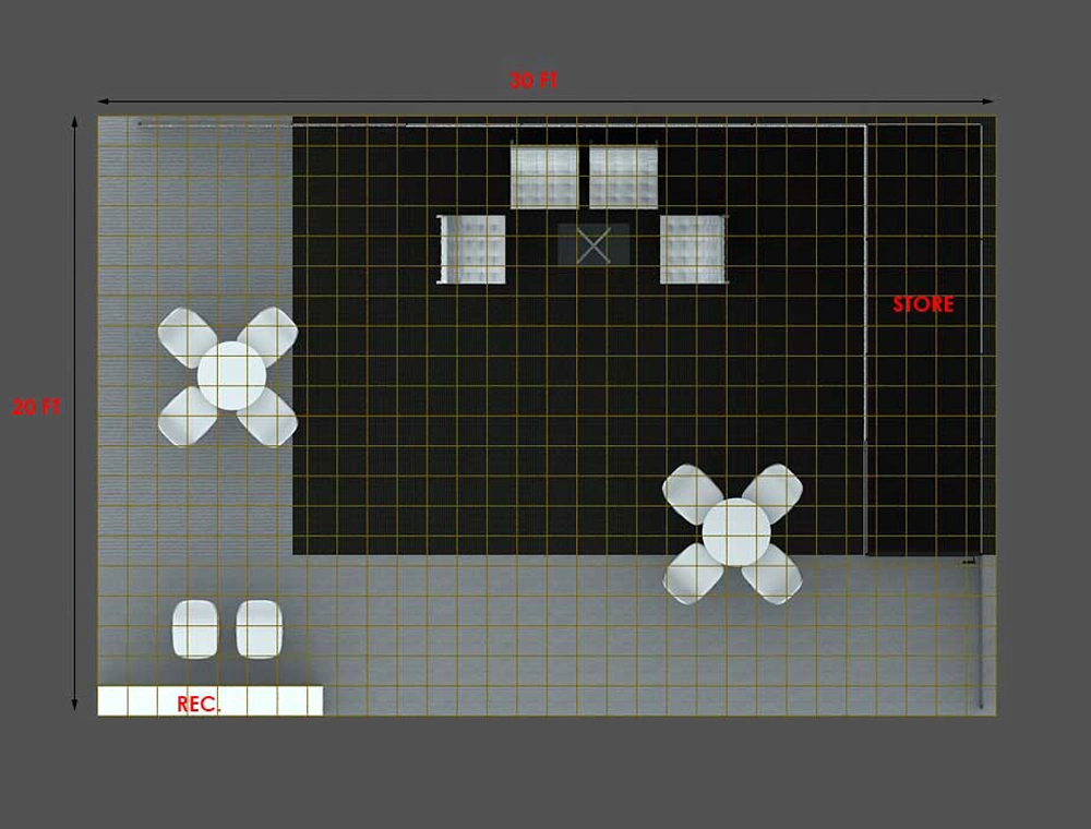 20x30 display booth with side shelving units