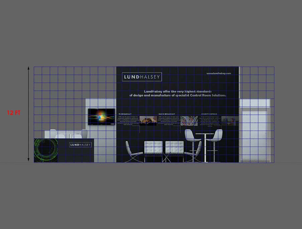 20x30 display booth with side shelving units