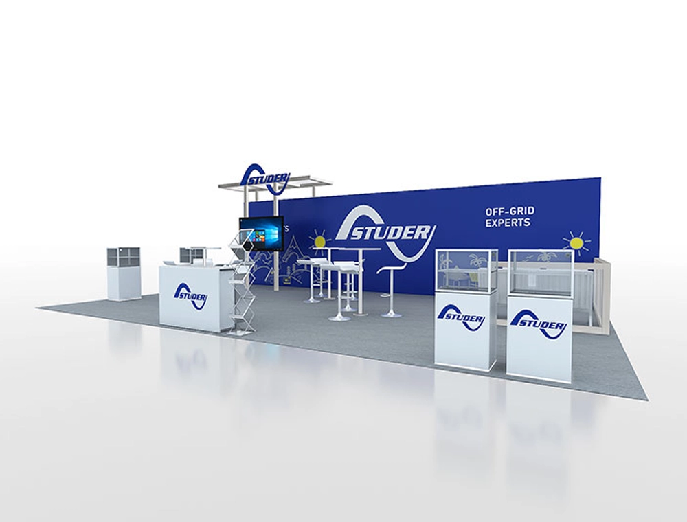 20x30 booth design with product shelving units