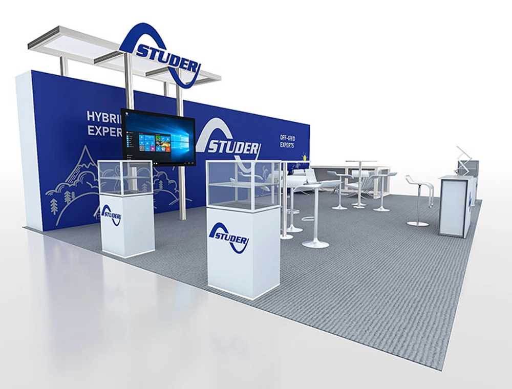 20x30 booth design with product shelving units