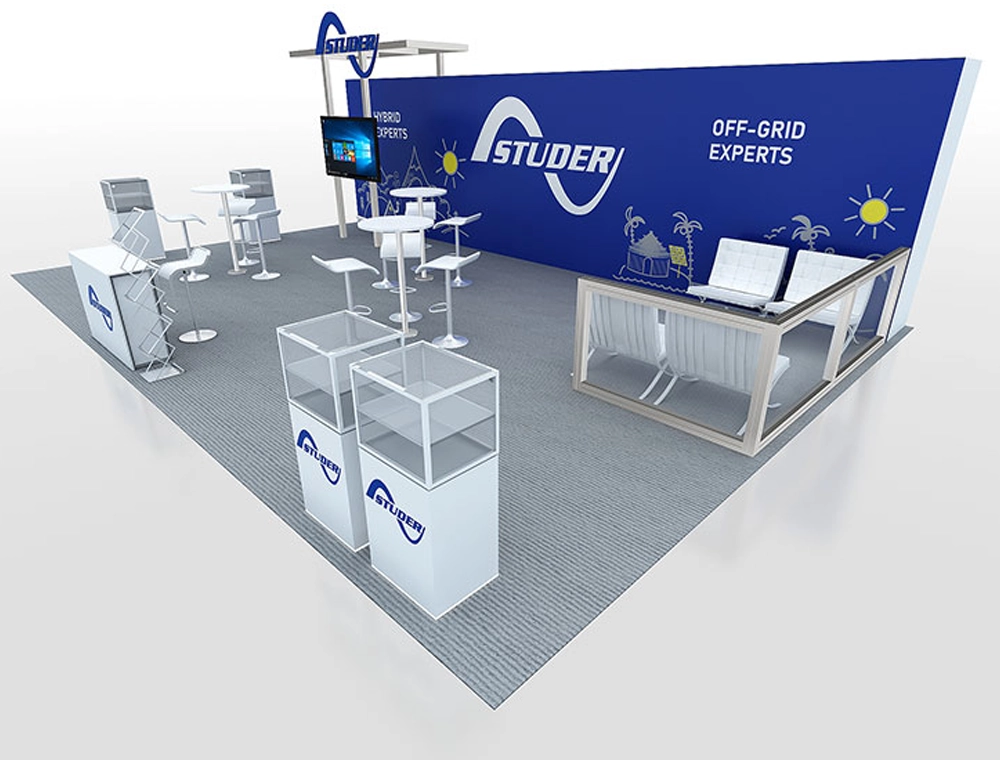 20x30 booth design with product shelving units