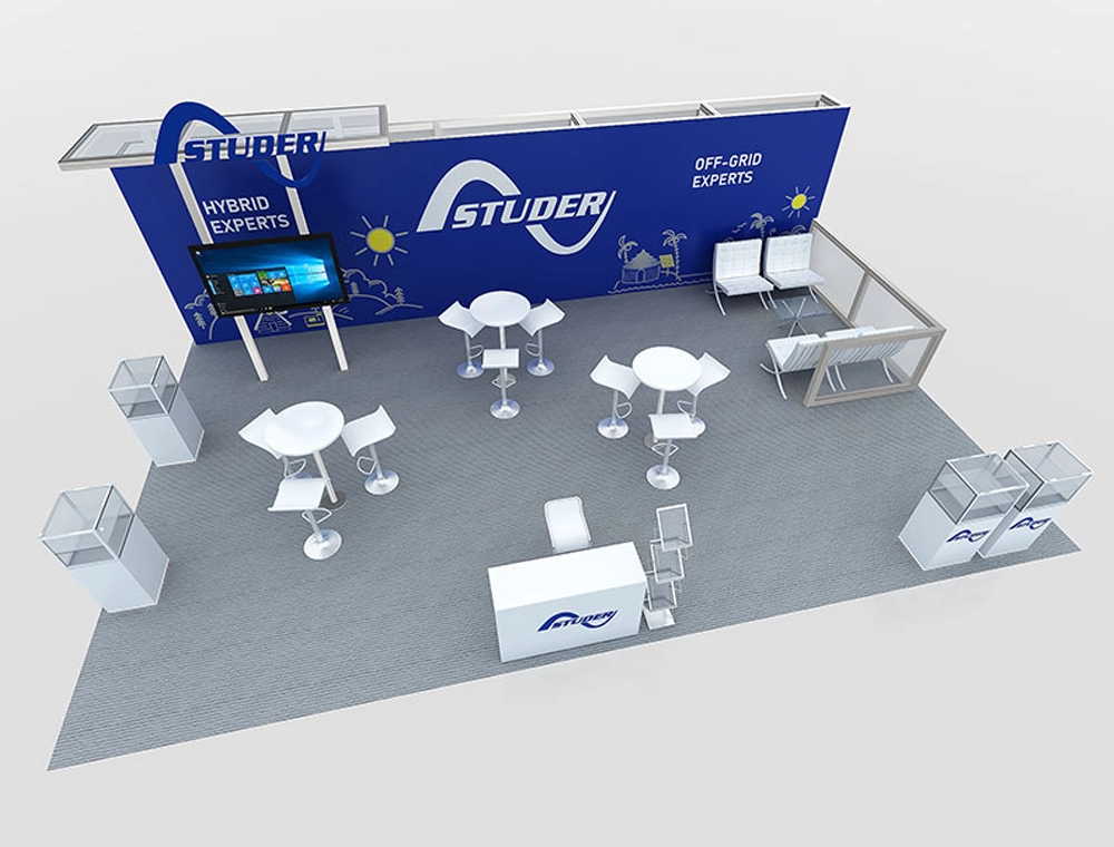 20x30 booth design with product shelving units