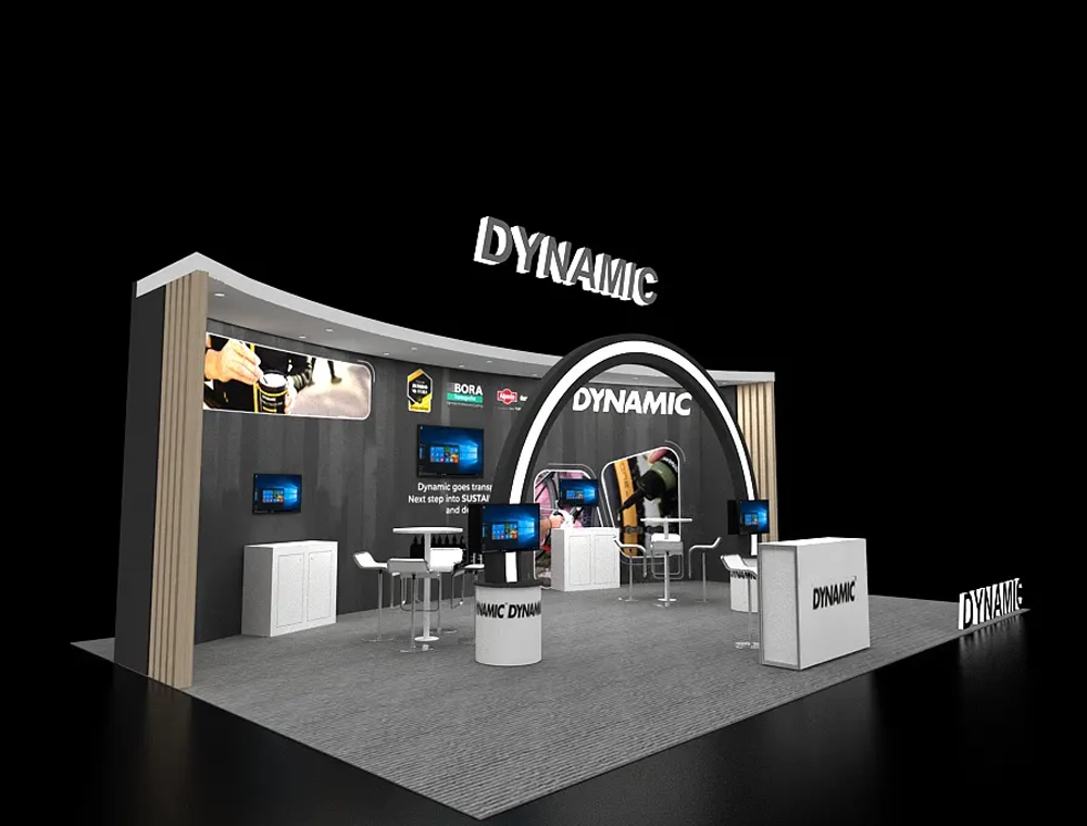 20x30 booth with modular counters and shelves