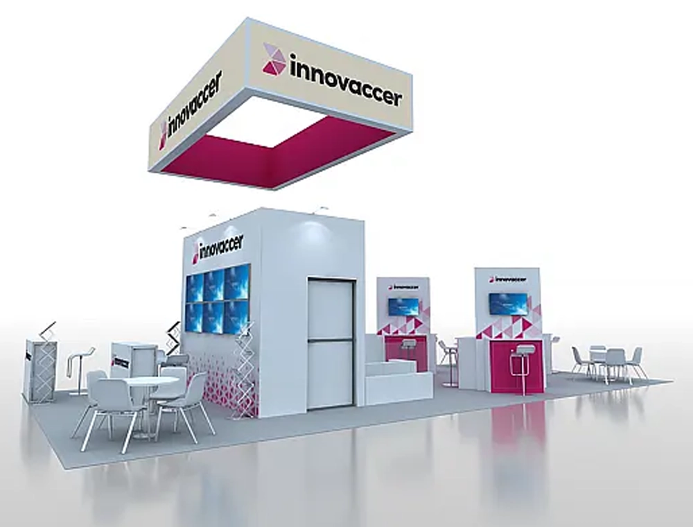 Large exhibit booth with demo and product zones