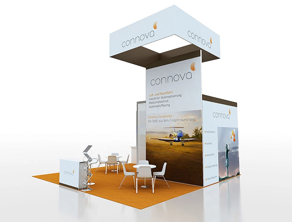 Trade show booth with open layout and branding