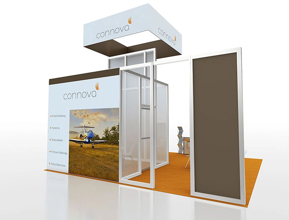 Trade show booth with open layout and branding