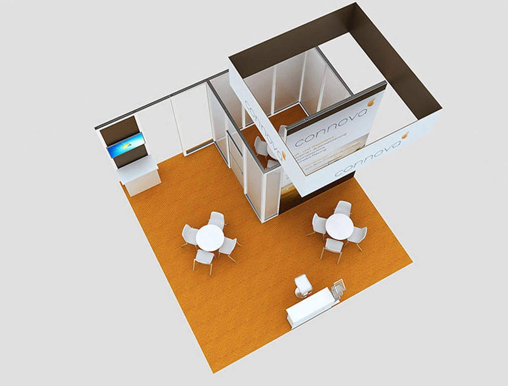 Trade show booth with open layout and branding