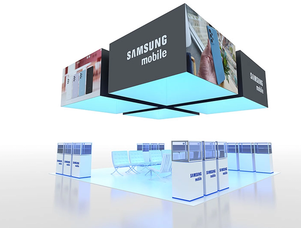 Modern exhibition booth with interactive screens
