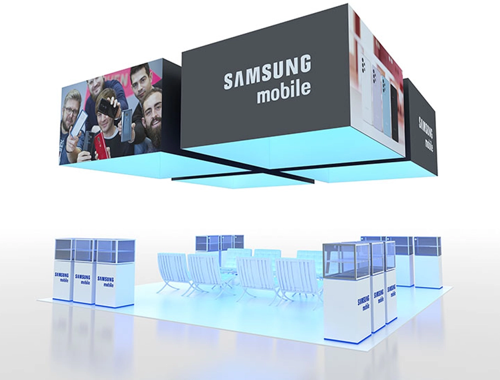 Modern exhibition booth with interactive screens