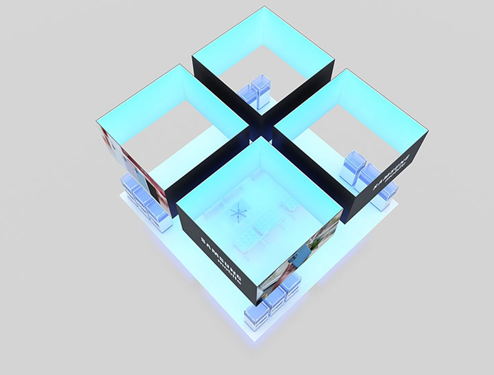 Modern exhibition booth with interactive screens