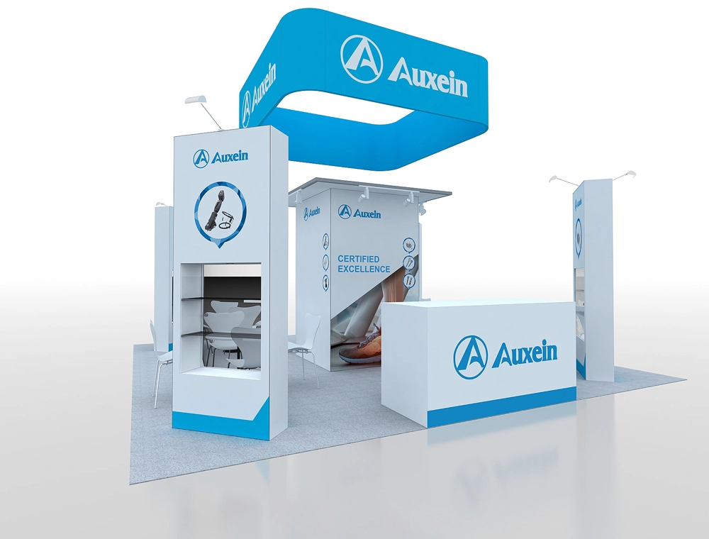 Large exhibition booth with vibrant graphics and counters
