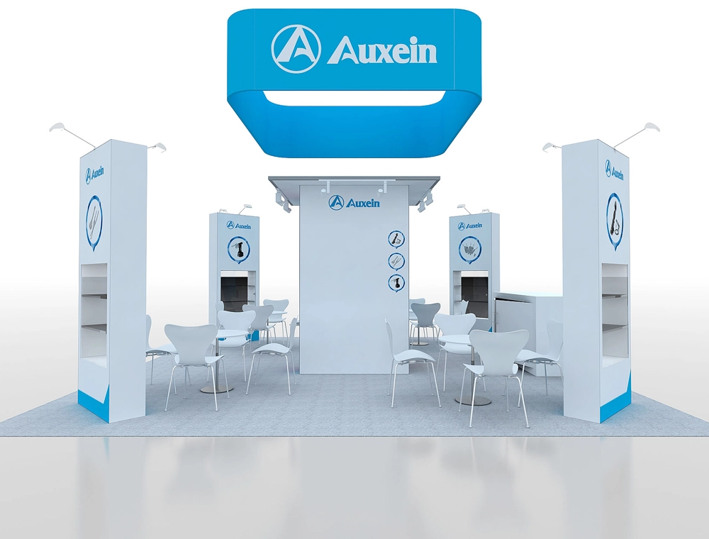 Large exhibition booth with vibrant graphics and counters