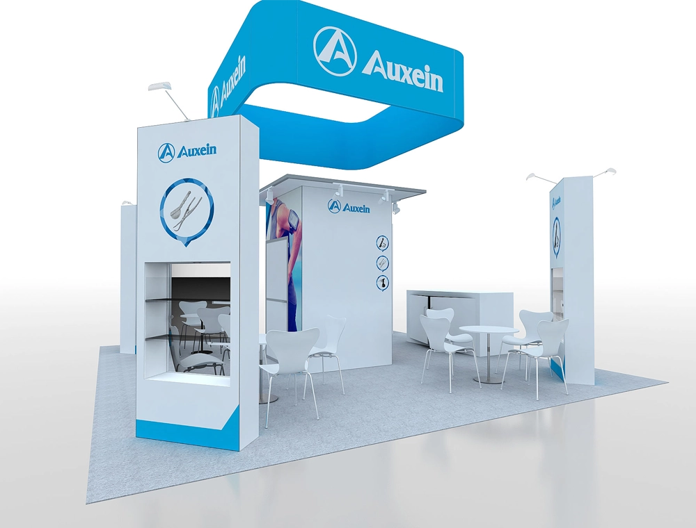 Large exhibition booth with vibrant graphics and counters