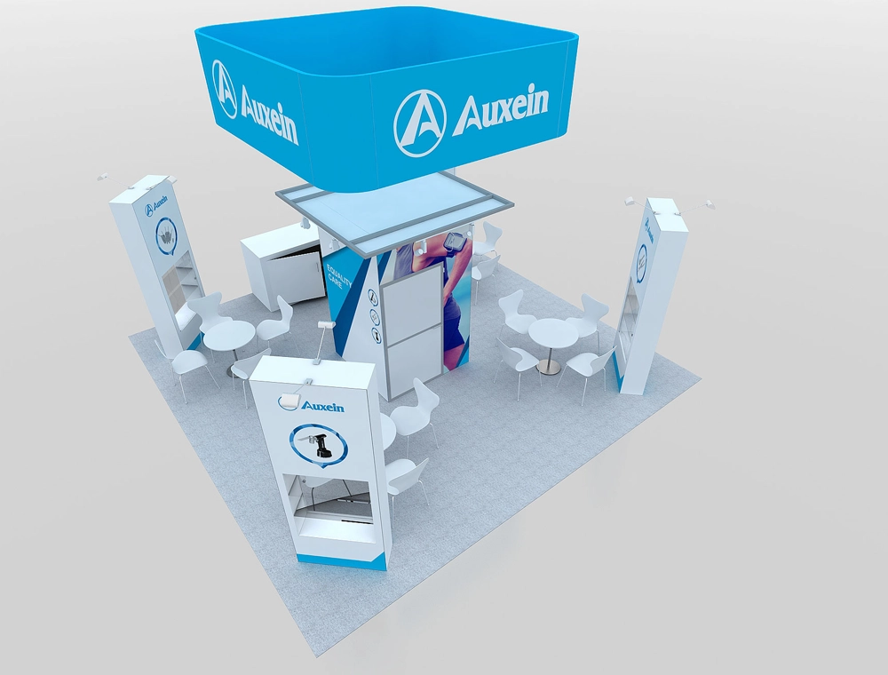 Large exhibition booth with vibrant graphics and counters