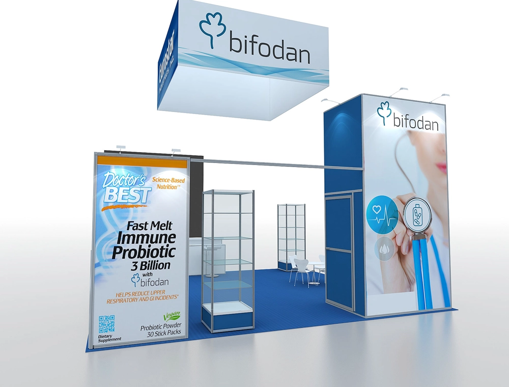 20x20 trade show booth with modern display setup